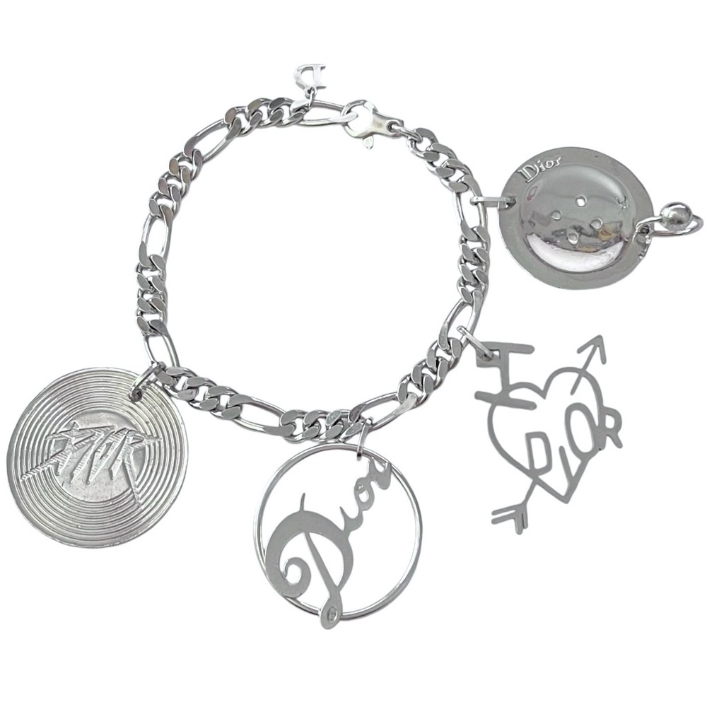 AUTH VTG Christian Dior Silver Figaro Chain Link Large Logo Charm Bracelet